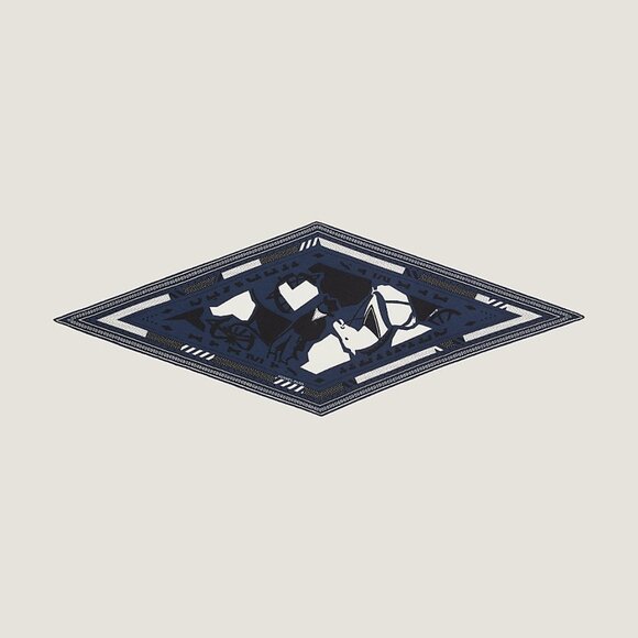 HERMES Cashmere/Silk Puzzle II Bandana Mini Losange, Blue, Black, White, Horse - Picture 1 of 11
